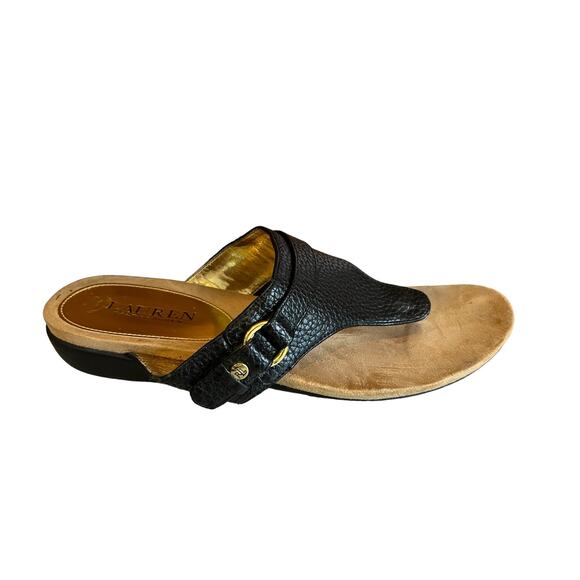 Ralph Lauren Black Faux Pebbled Leather Gold Buckle detail Thong Sandals 8 - Picture 1 of 6